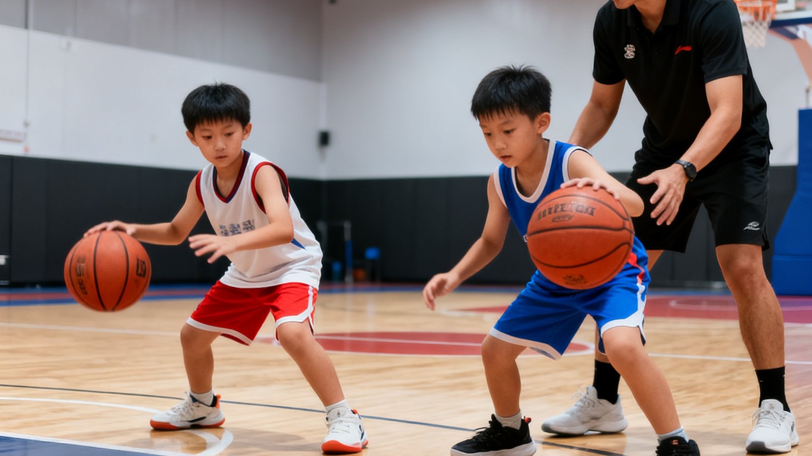 两名小学员在室内篮球馆进行运球训练，教练从旁指导动作姿势，背景为明亮的专业级篮球场地
