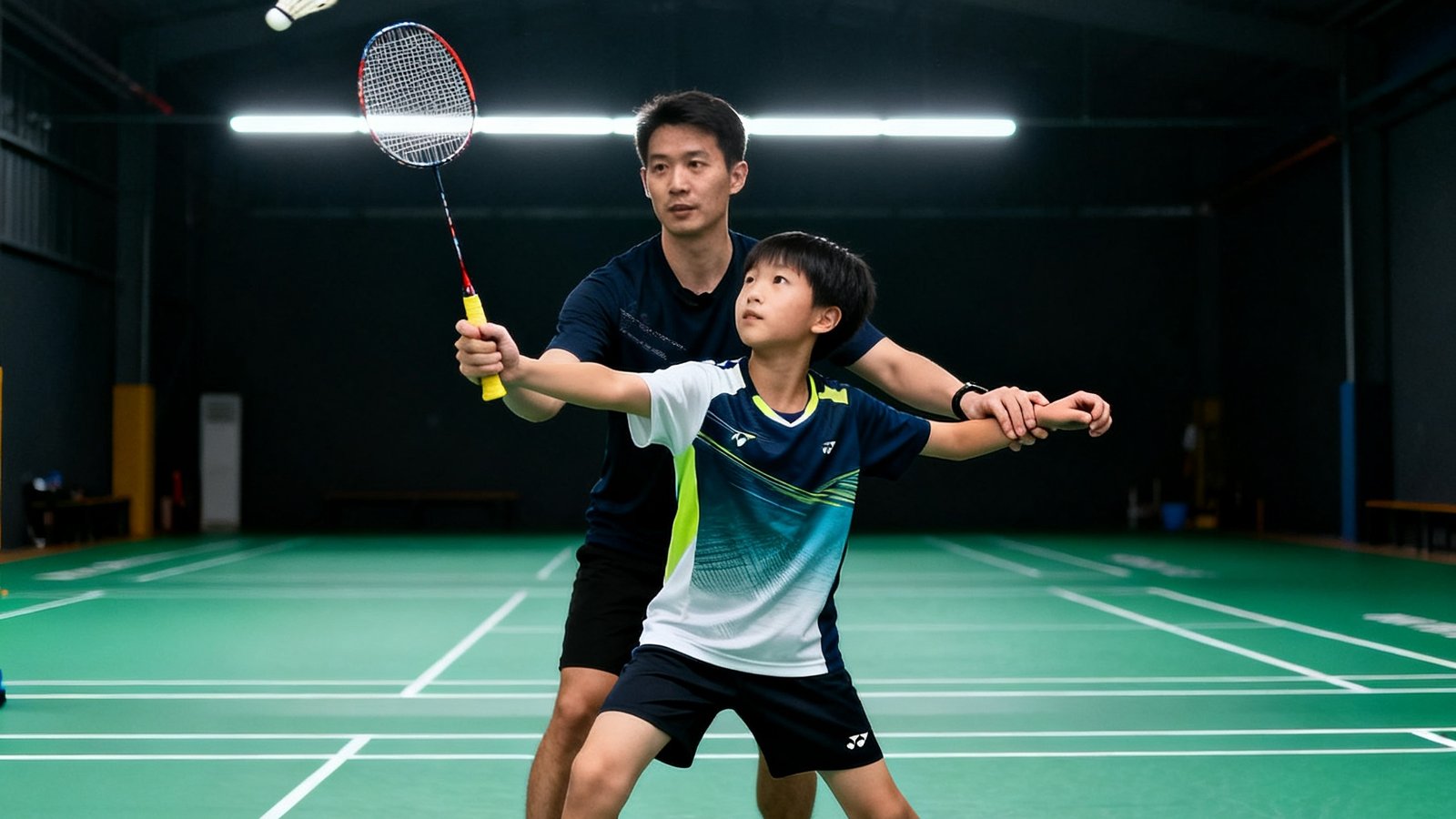 一名青少年羽毛球学员在标准羽毛球场地上练习高远球挥拍动作，教练手持球拍进行一对一手把手纠正