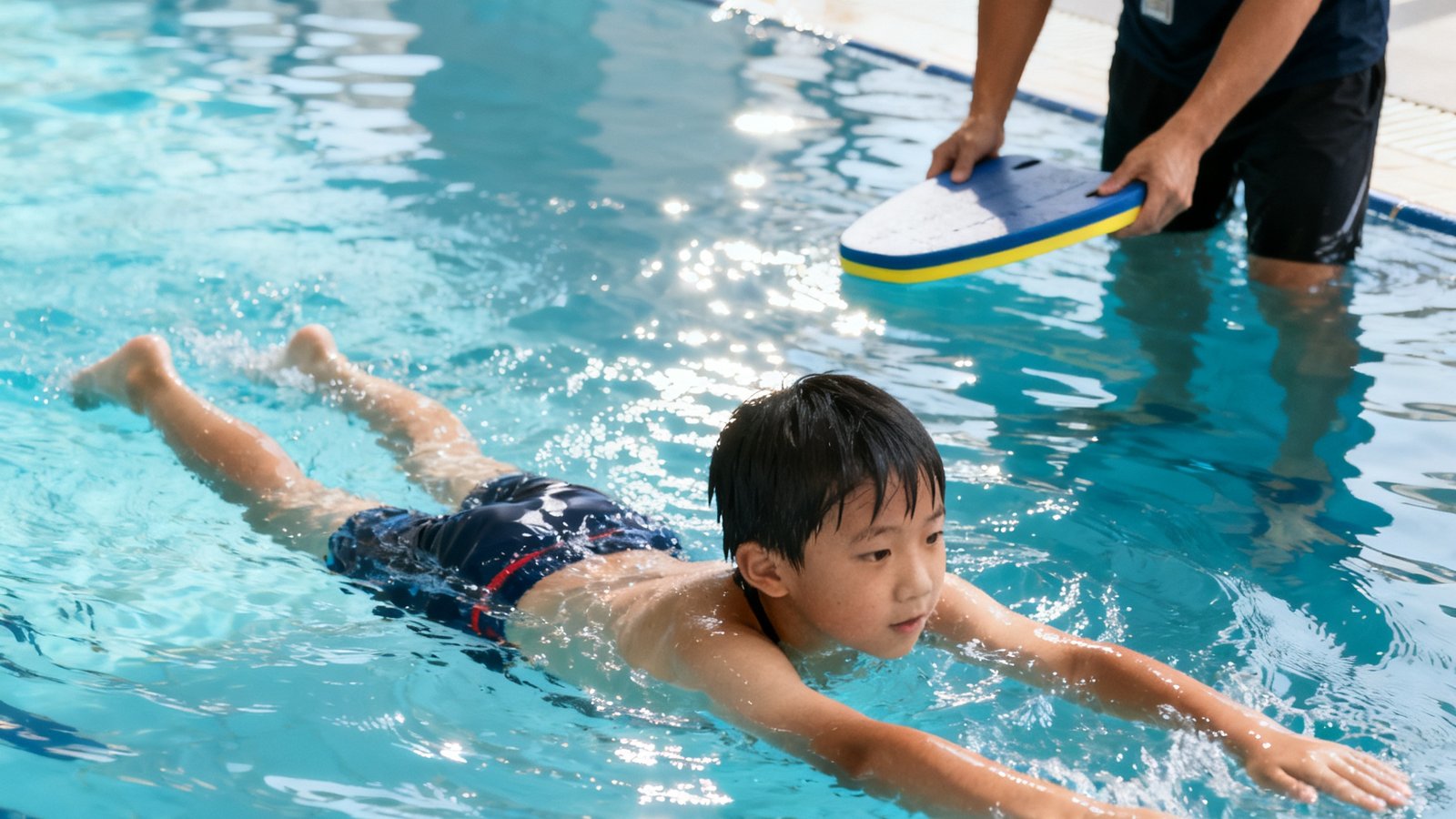 一名小学员在恒温游泳池中练习自由泳手臂划水动作，教练在池边使用浮板辅助教学，水质清澈见底