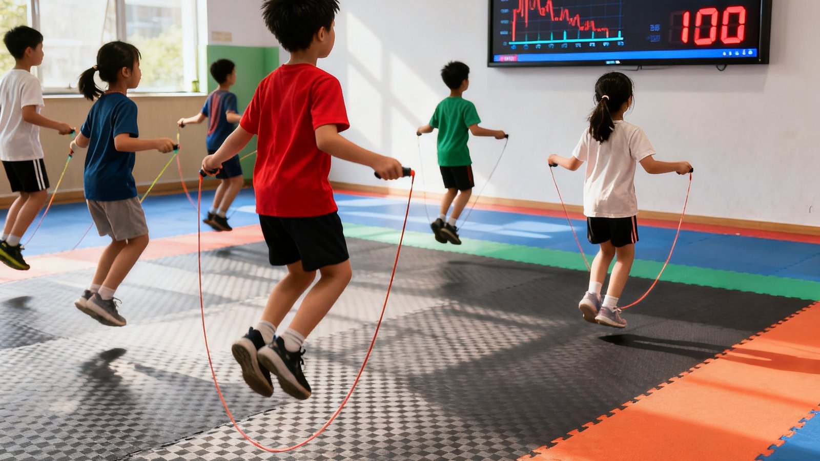 一群小学员在专业运动地胶上同时进行跳绳体适能训练，墙面电子屏实时显示心率和跳绳次数数据