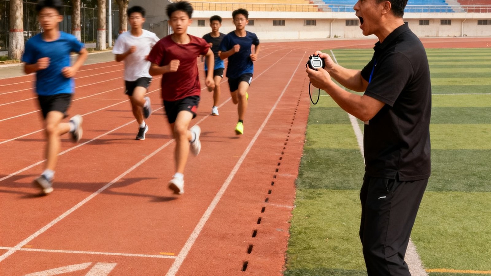 中考体育冲刺班学员在400米标准田径跑道上进行800米耐力跑训练，教练在跑道旁使用秒表计时并大声鼓励