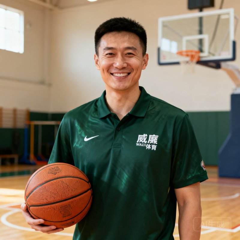 篮球教练张磊在室内篮球馆手持篮球微笑站立，身穿威廉体育深绿色教练制服，背景可见训练用篮球架