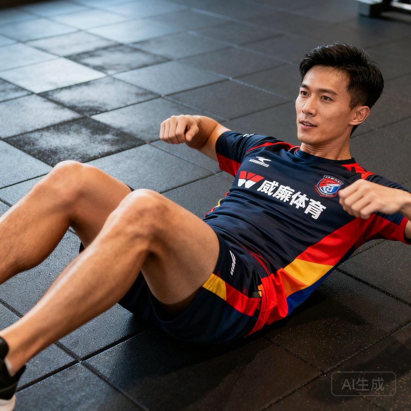 体适能教练陈思远在运动地胶上展示核心力量训练动作，表情专注，身穿威廉体育统一训练服